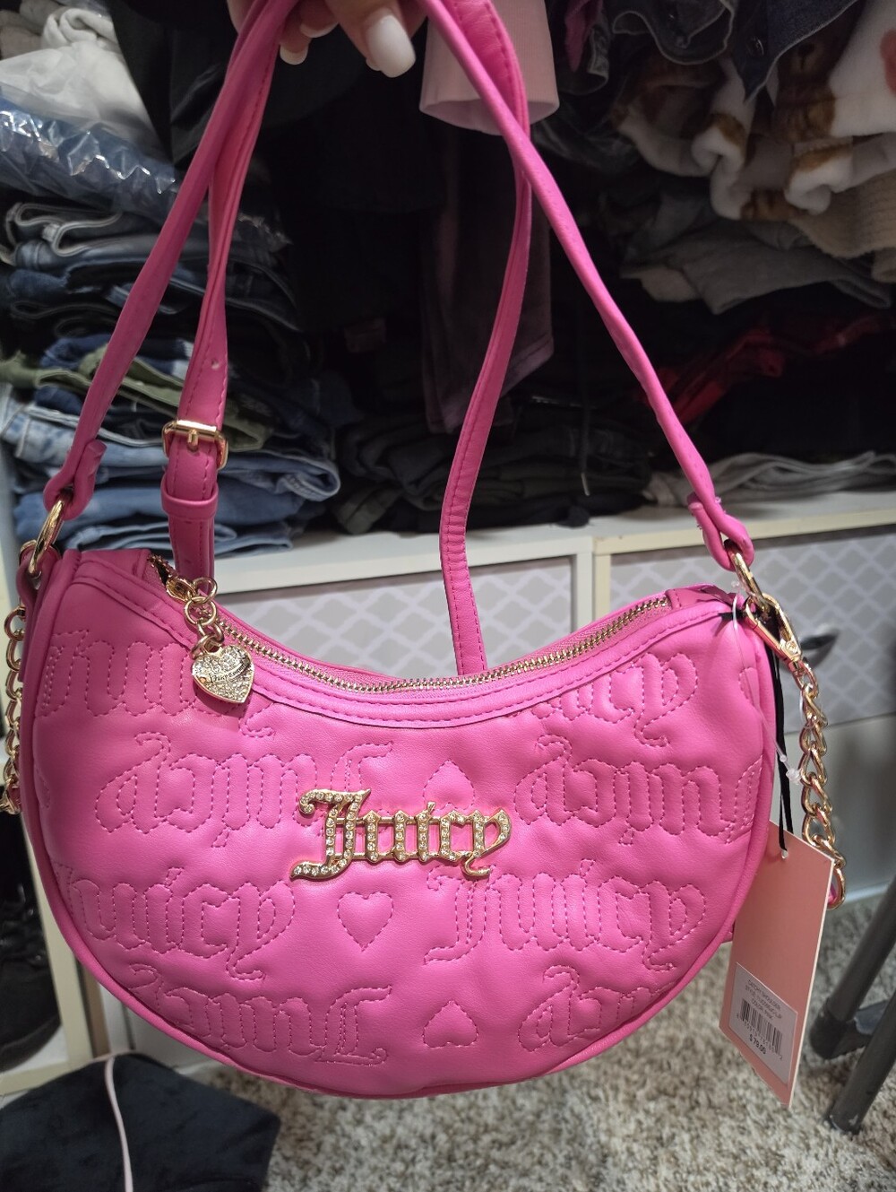 Juicy Couture Bright Pink Quilted Logo Shoulder Bag with Gold Hardware